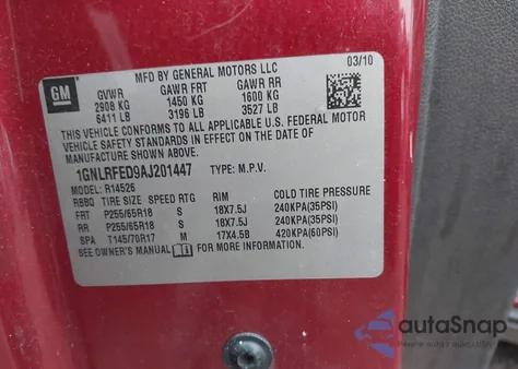 2010 Chevrolet Traverse Lt z USA, uszkodzony, nr VIN 1GNLRFED9AJ201447